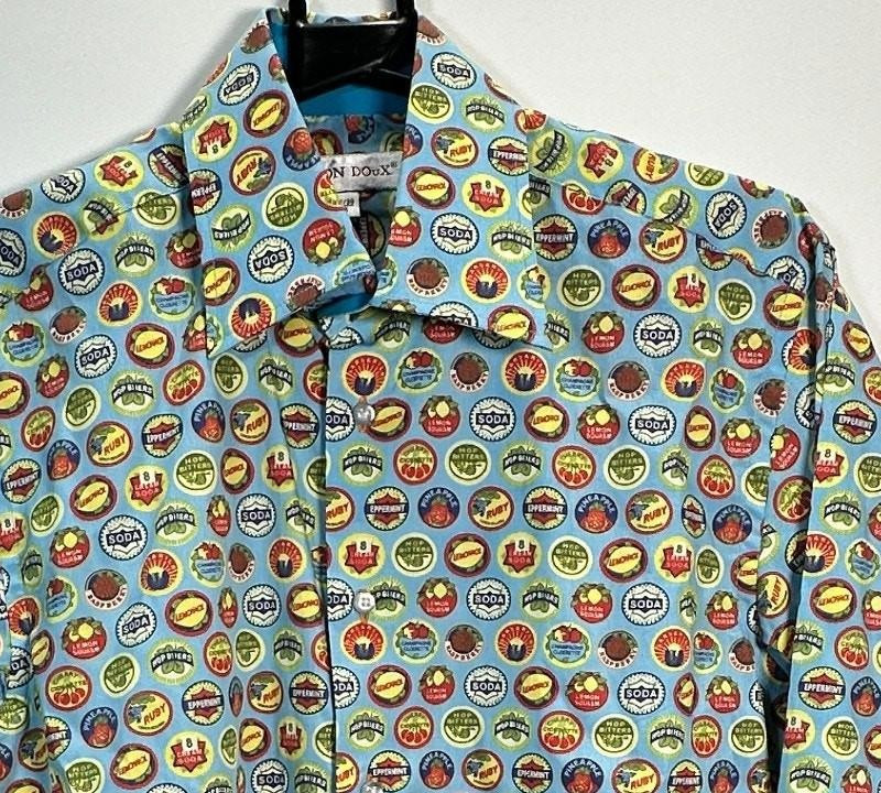 Coton Doux Long Sleeve Blue Cotton Vintage Bottle Caps Shirt UK 15 (37/38) - Image 2