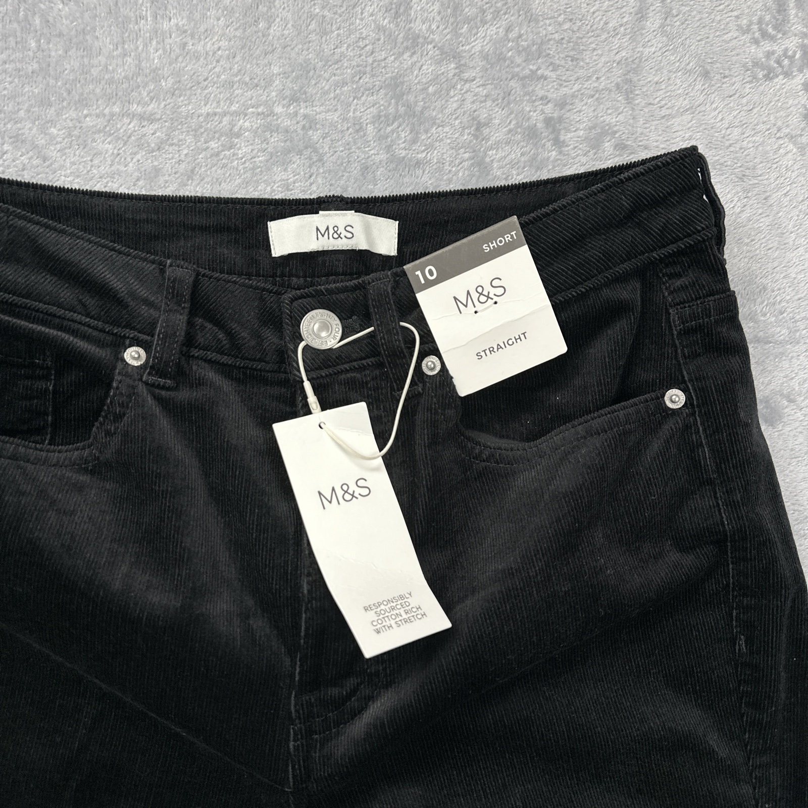 M&S Ladies Black Corduroy Slim Straight Leg Jeans Trousers UK 10 Short - Image 2