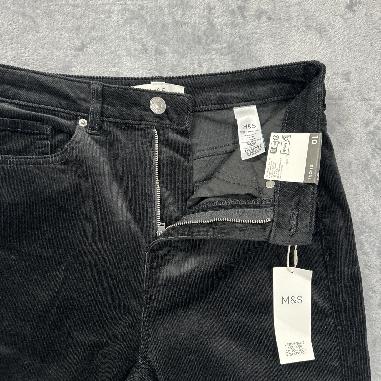 M&S Ladies Black Corduroy Slim Straight Leg Jeans Trousers UK 10 Short - Image 3