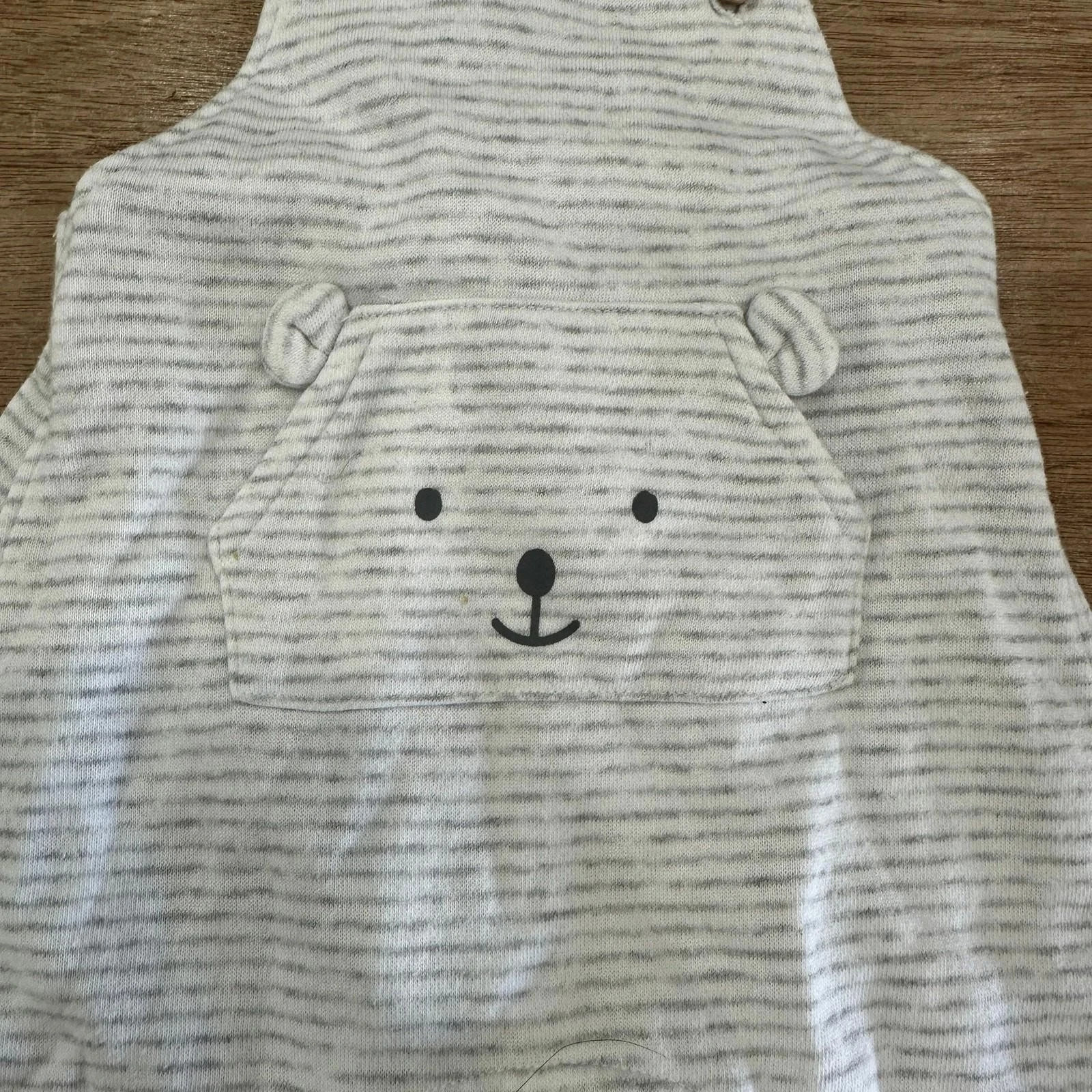 H&M Baby Striped Dungarees Cotton Bear Face Grey Romper Grey Strip0-3 Months - Image 2