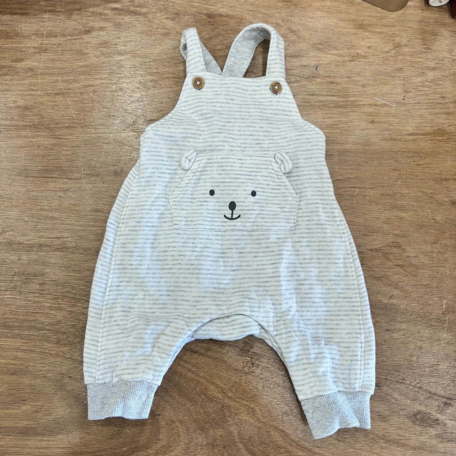 H&M Baby Striped Dungarees Cotton Bear Face Grey Romper Grey Strip0-3 Months - Image 5