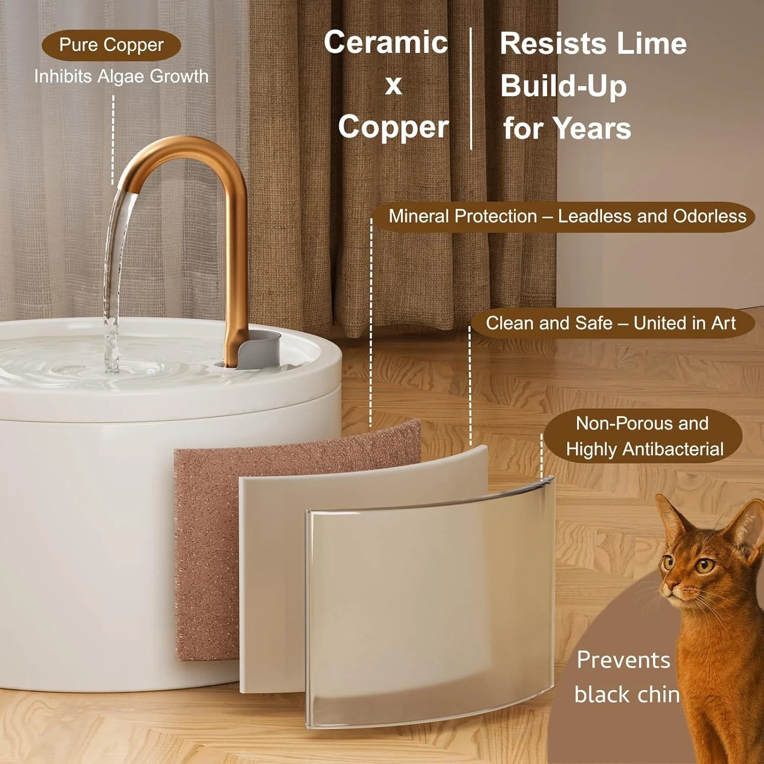 Ceramic Cat Water Fountain for Drinking, Copper Spout 2.1L Cat Fountain, Ultra-Q - Image 9