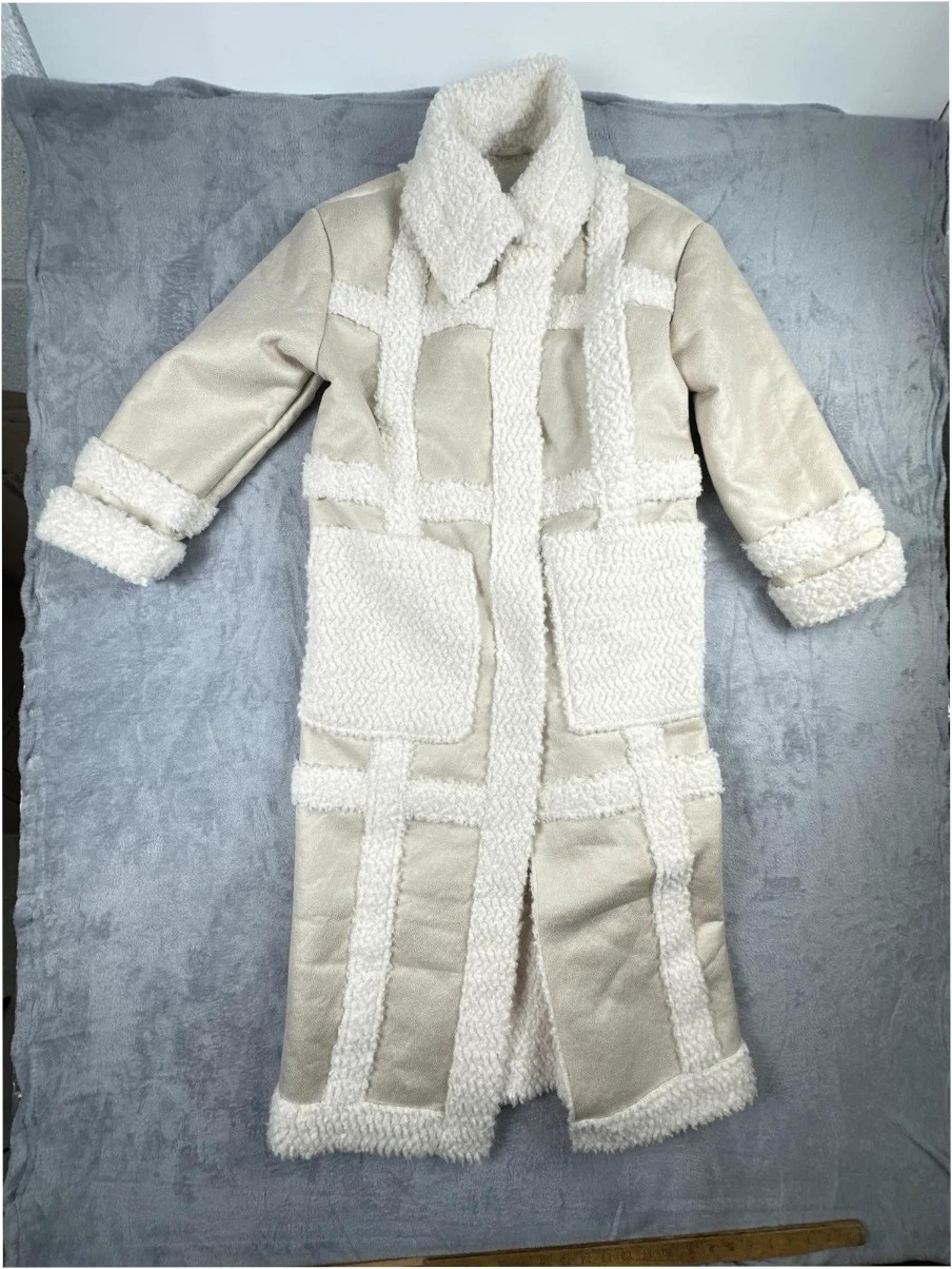 River Island Cream Women's Long Faux Shearling OuterwearCoat UK 10 EU 36
