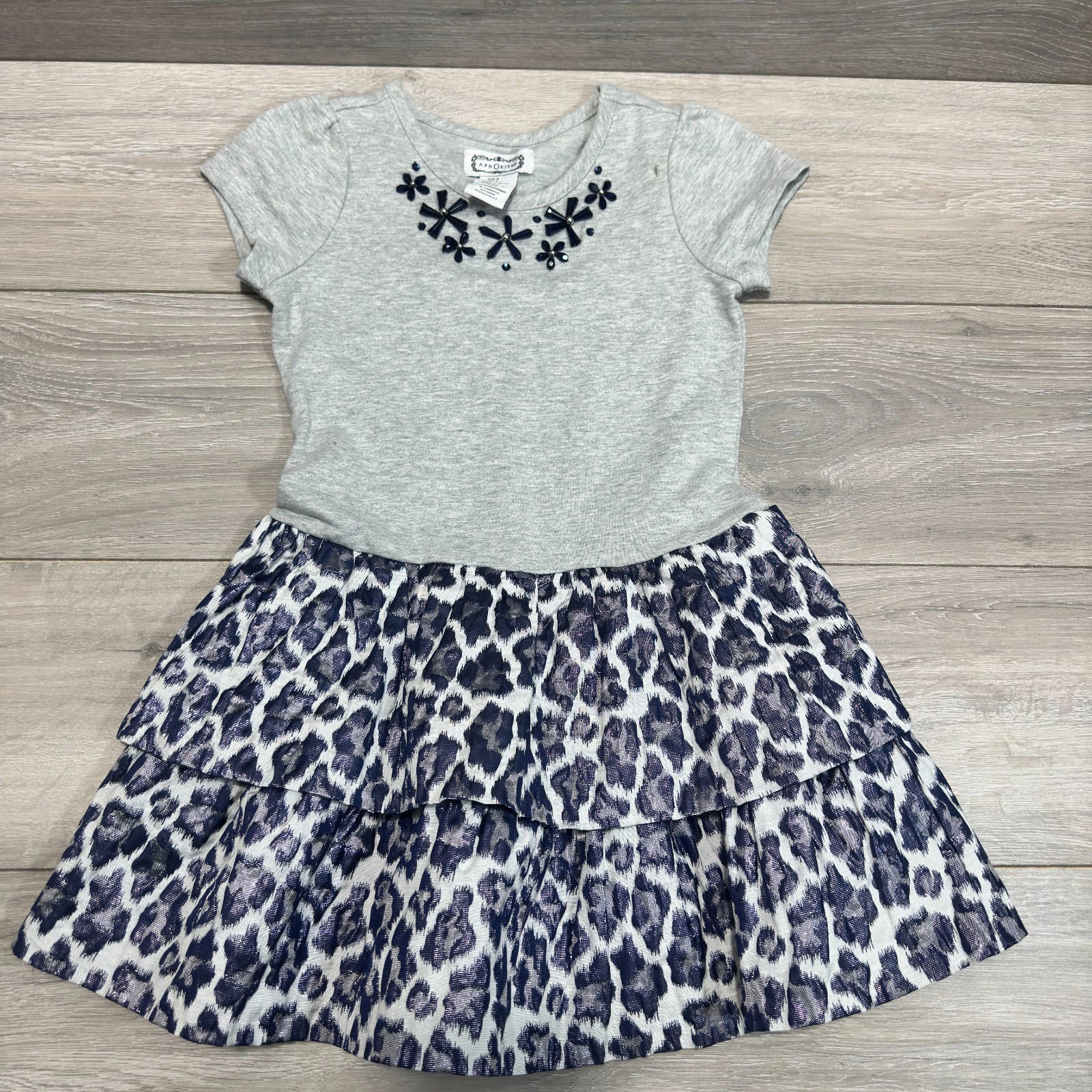 AphOrism Girls Dress Age 7-8 Years Blue Grey Blue Metalic 100% Cotton