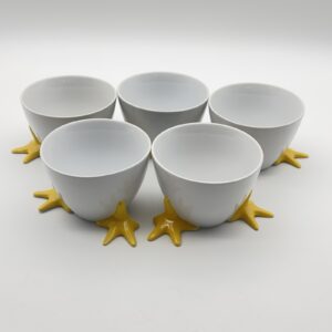 BICA Set of 5 White Ceramic Bowls with Yellow Chicken Feet Hand Glazed